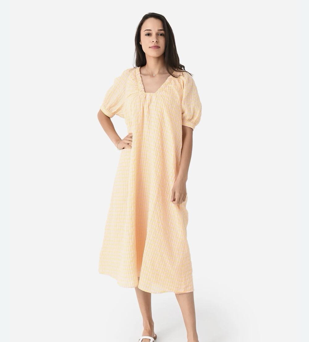 Never a Wallflower XS Marakesh Dress Gingham Orange Pink Boho Cottagecore Puff